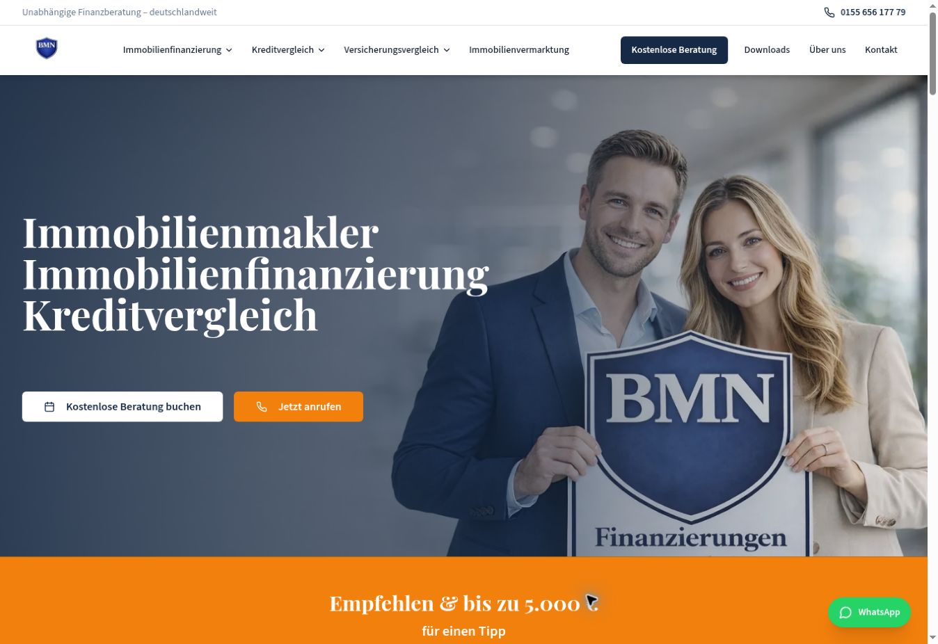 Screenshot der Startseite: BMN Finanzierungen & Immobilien